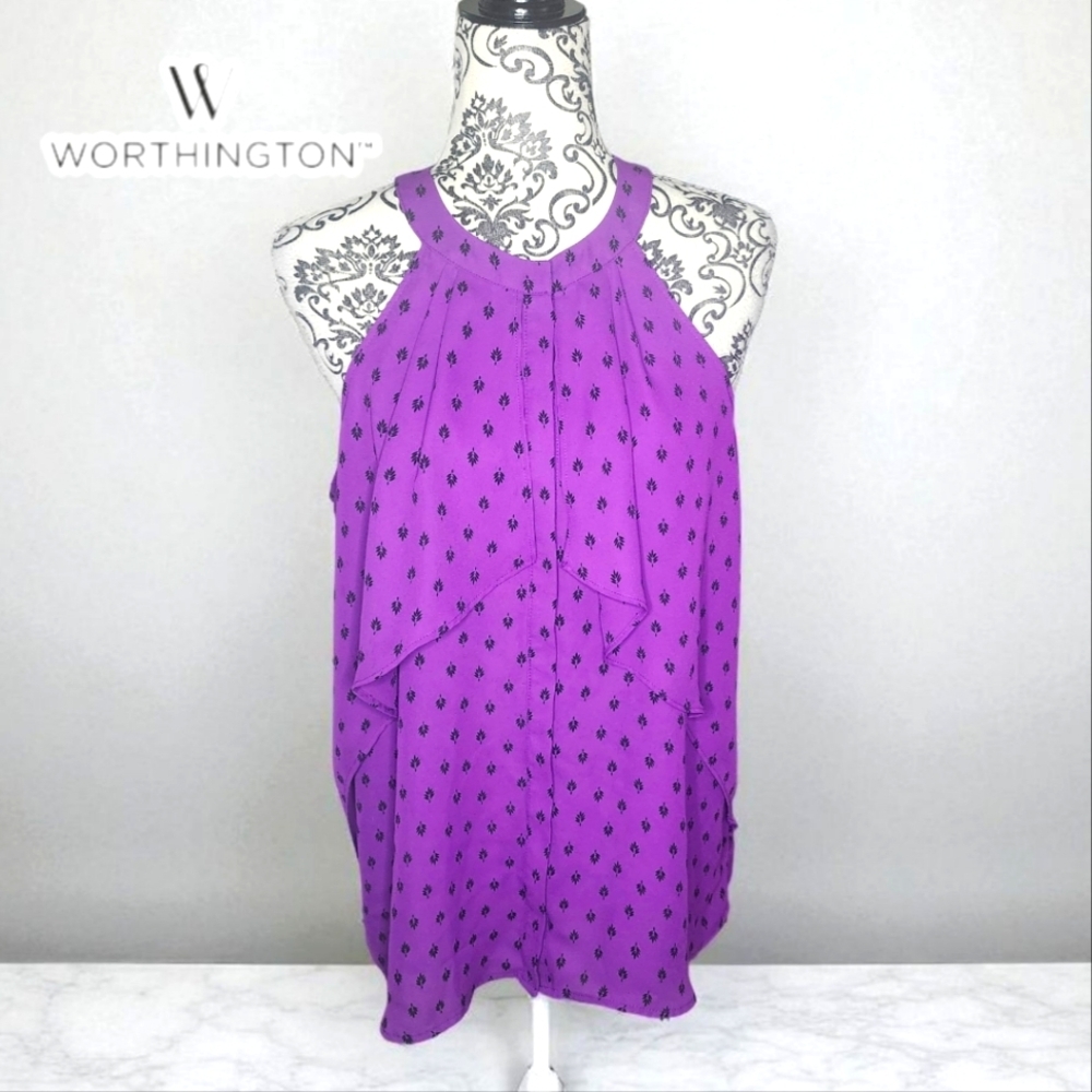 WORTHINGTON Purple Leaf Pattern Blouse - Large